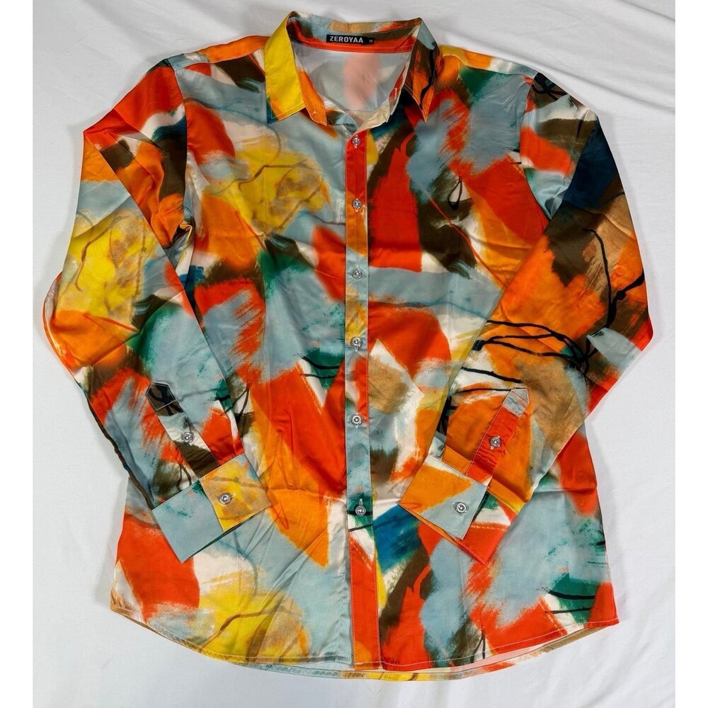 Zeroyaa Men's Medium Abstract Paint Splatter Button Down Shirt Long Sleeve Party